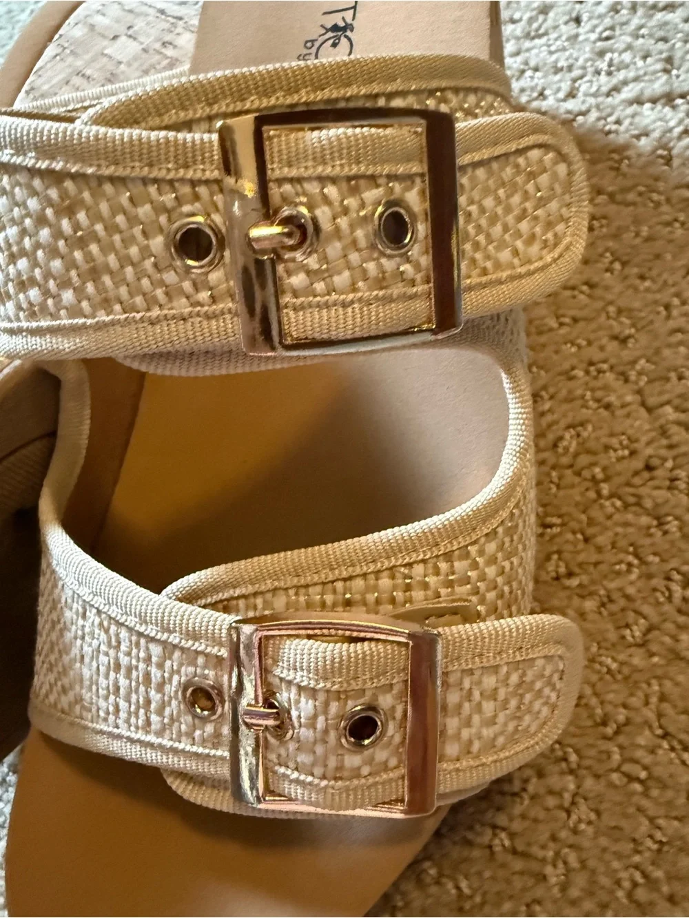 Cream Textured Wedge Sandal with Double Buckles
